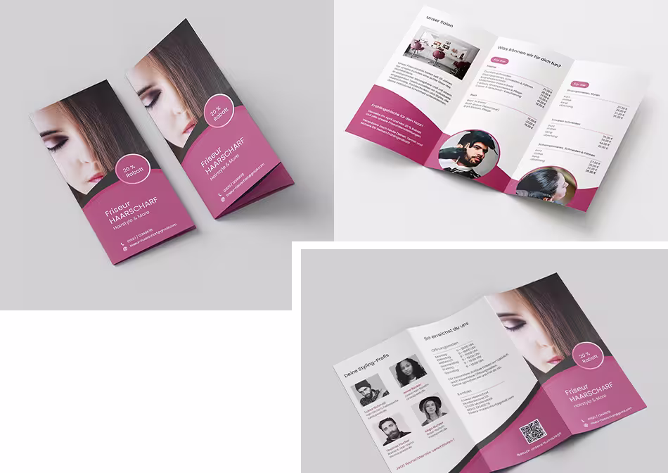 Ein dreifach gefalteter Werbeflyer für Friseur HAARSCHARF in Pink, Weiß und Grau, mit einem auffälligen Porträt einer Frau auf der Vorderseite, einer übersichtlichen Preisliste und Fotos des Friseurteams im Inneren.