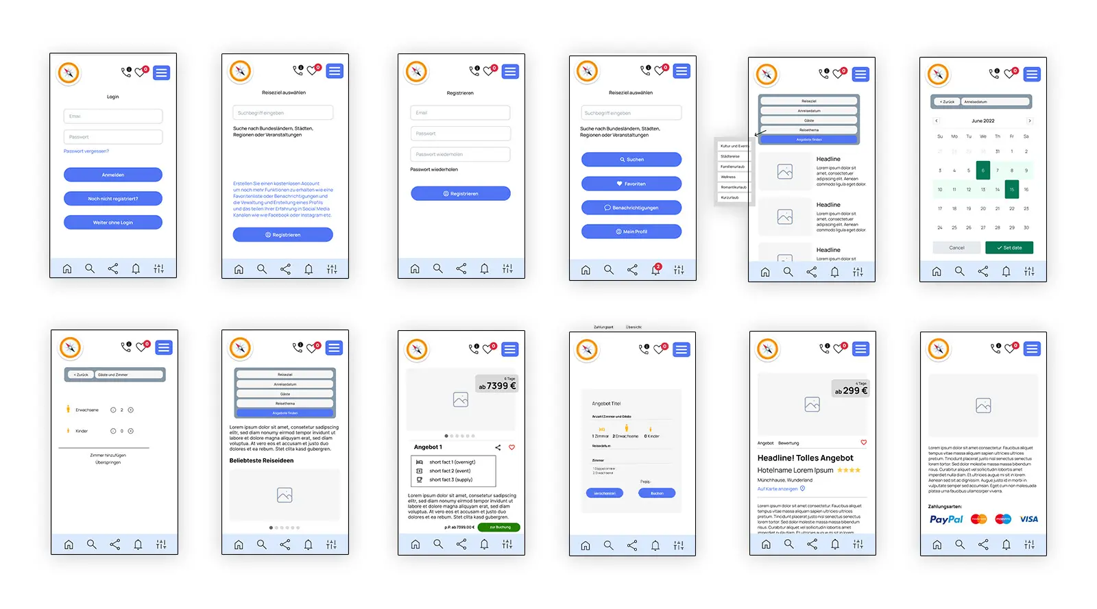 Wireframes der Reiseapp